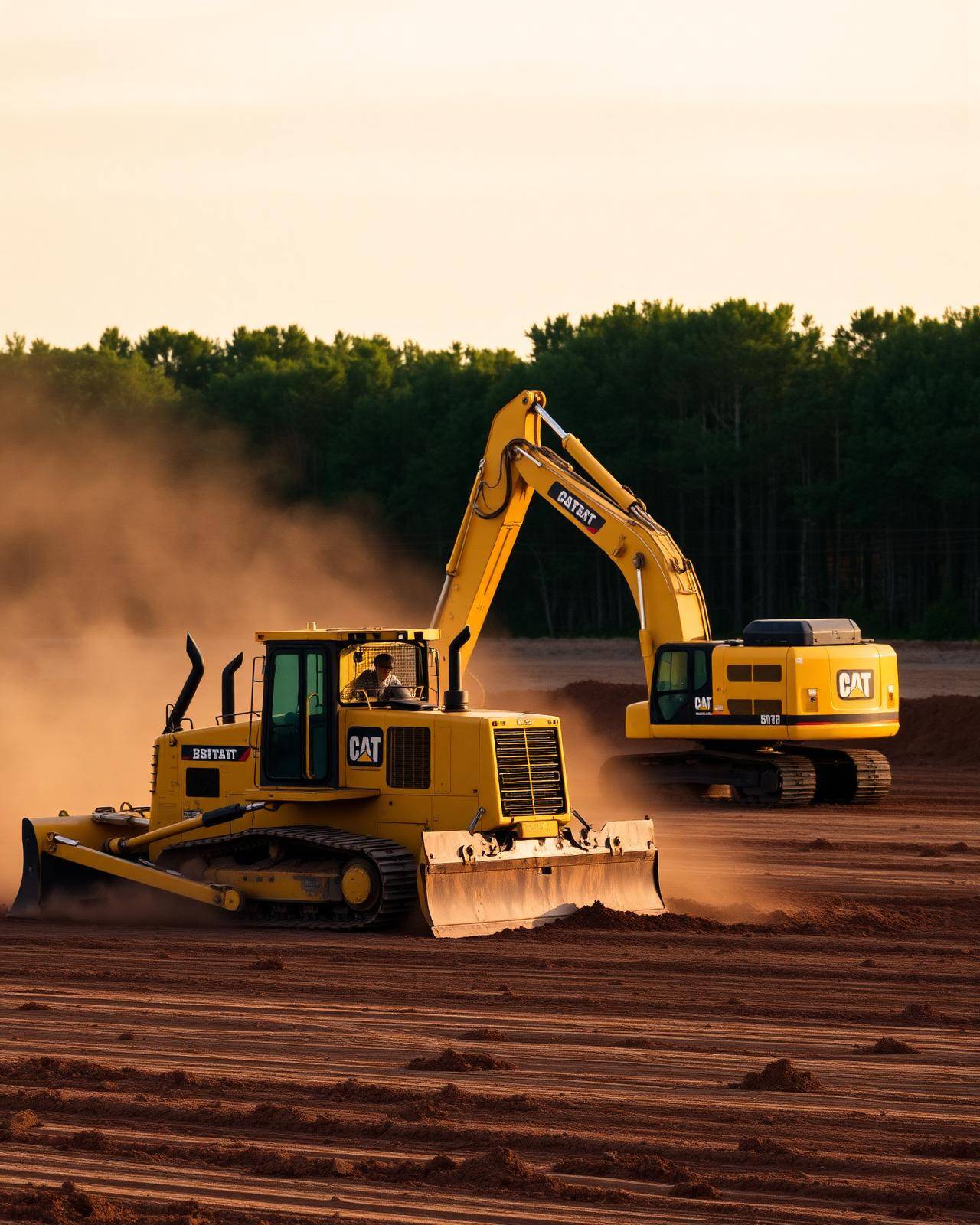 Heavy equipment clearing land at golden hour